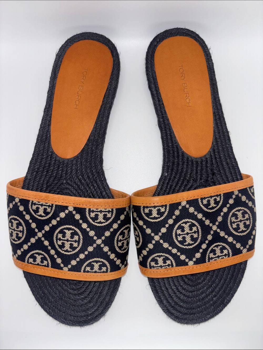 Tory Burch Raffia Slide Sandals with Tan Trim and Logo Jacquard - Picture 2 of 8